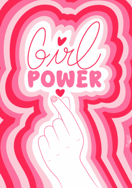 affiche girl power, illustration féministe, déco chambre fille ado, cadeau empowerment, création française colorée, affiche pop art rose, illustration sororité.
