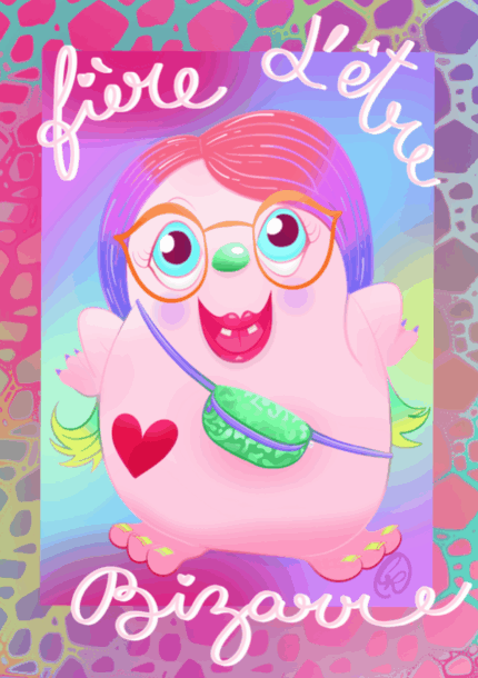 affiche fière d’être bizarre, illustration arc-en-ciel, déco inclusive et joyeuse, personnage drôle et original, art mural décalé, accepter sa différence, poster humoristique coloré.