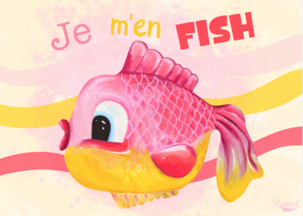 affiche humoristique, jeu de mots, poisson rigolo, je m’en fish, illustration drôle déco, déco funky murale, affiche couleur pop, cadeau original et fun.