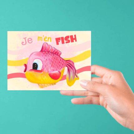 affiche humoristique, jeu de mots, poisson rigolo, je m’en fish, illustration drôle déco, déco funky murale, affiche couleur pop, cadeau original et fun.