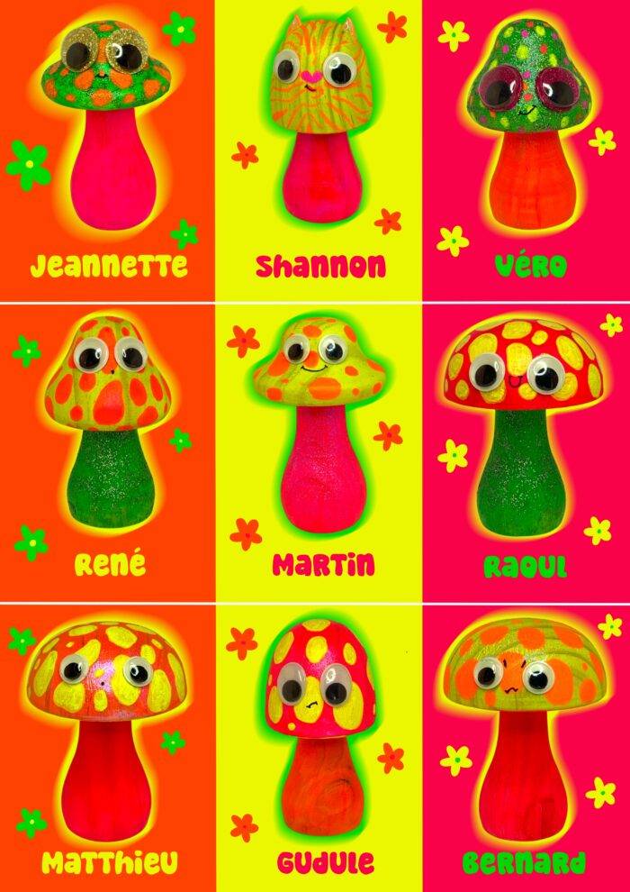 Boite surprise, blindbox, labubu, champignon fluo