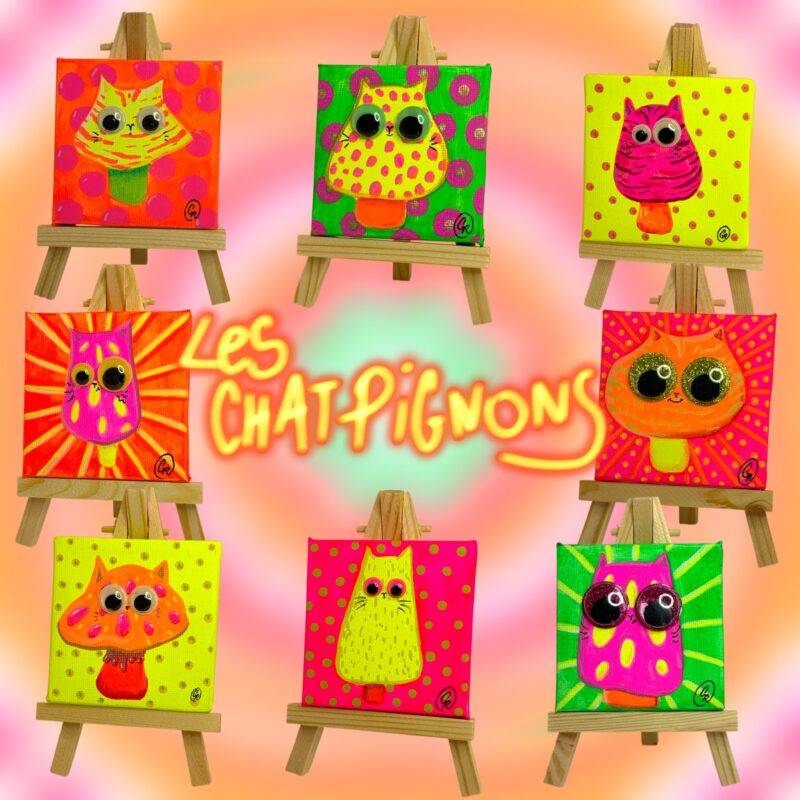 Chatpignon fluorescent psychédélique toile peinture chat champignon