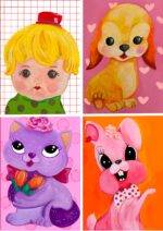 4 cartes vintages, enfants, chien, chat, lapin