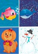 Ensemble de 4 cartes, chien, baleine, poisson, bonhomme de neige