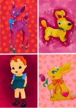 Ensemble de 4 cartes, couleurs rouges, roses, biche, chien, lapin, enfant